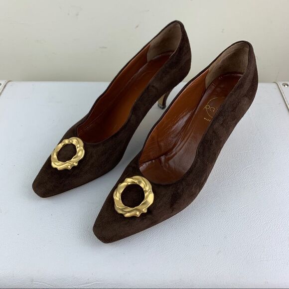 Vintage Paloma Brown Suede Pointy Toe Heels Satin Gold Circle Accent - Picture 7 of 13